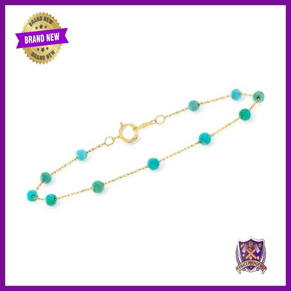 14kt Yellow Gold Turquoise Bead Bracelet, 7 Inches, Springring Clasp - Picture 2 of 6